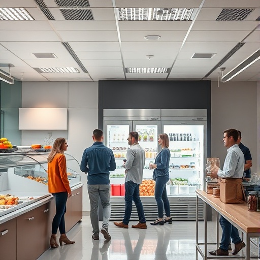 Cantina digital corporativa moderna MenuPass com geladeira aberta inteligente e totem de autoatendimento